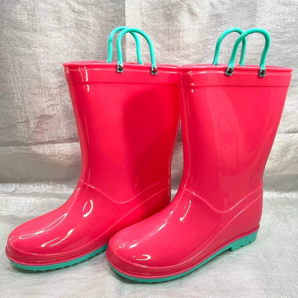 Girls Vibrant Pink Rain Boots with Teal Accents Size Little Kid 3 (EU34)